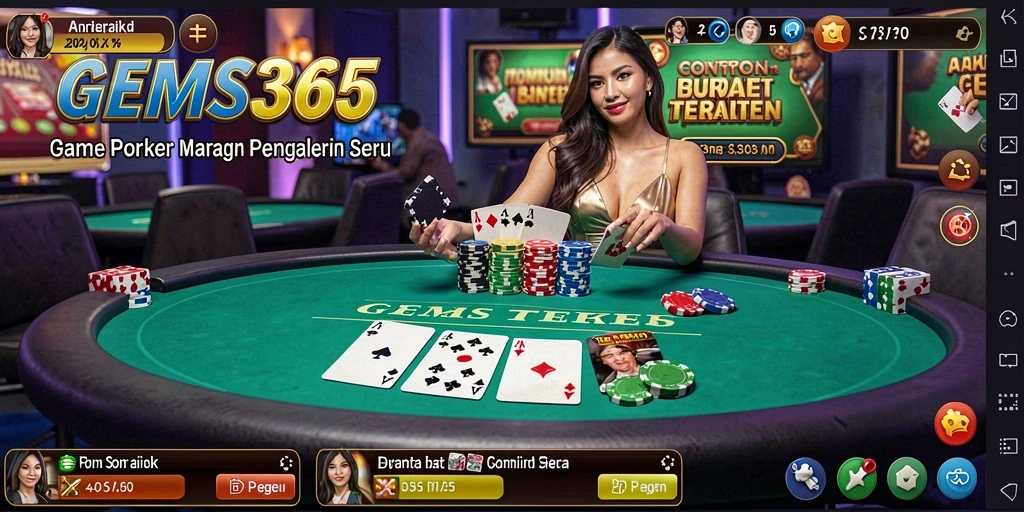Screenshot gameplay GEMS365 menampilkan aksi Poker yang intens dan seru.