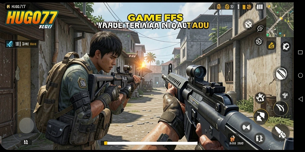 Screenshot gameplay HUGO77 menampilkan aksi seru dalam pertempuran FPS.