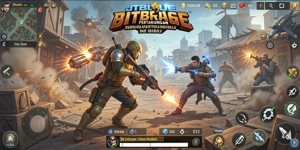 Screenshot JTBLUE menampilkan aksi seru dalam pertempuran Battle Royale.