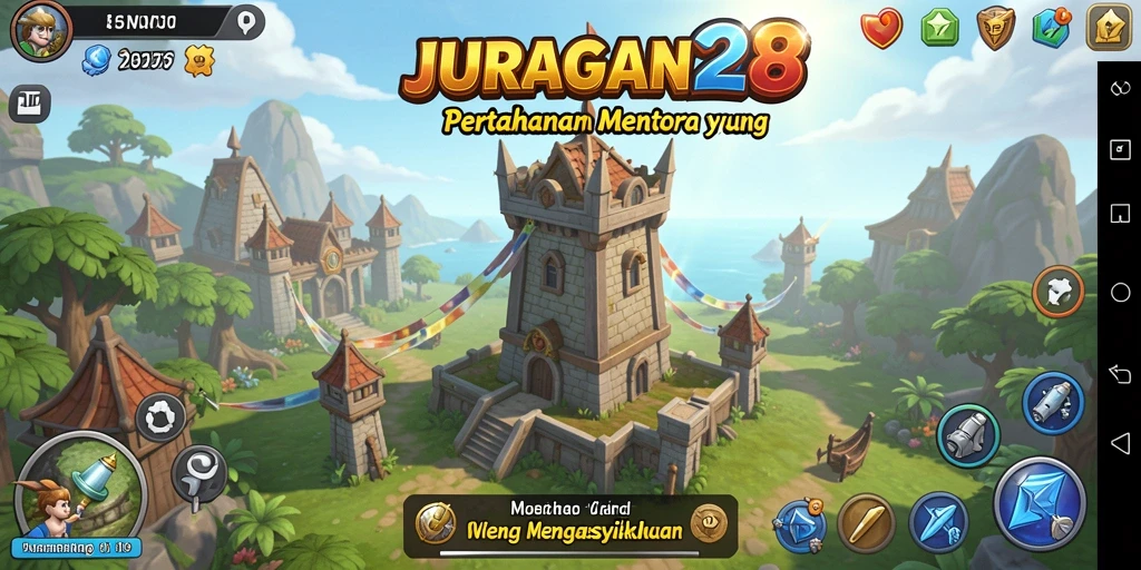 Tampilan menara dan strategi pertahanan dalam JURAGAN28.