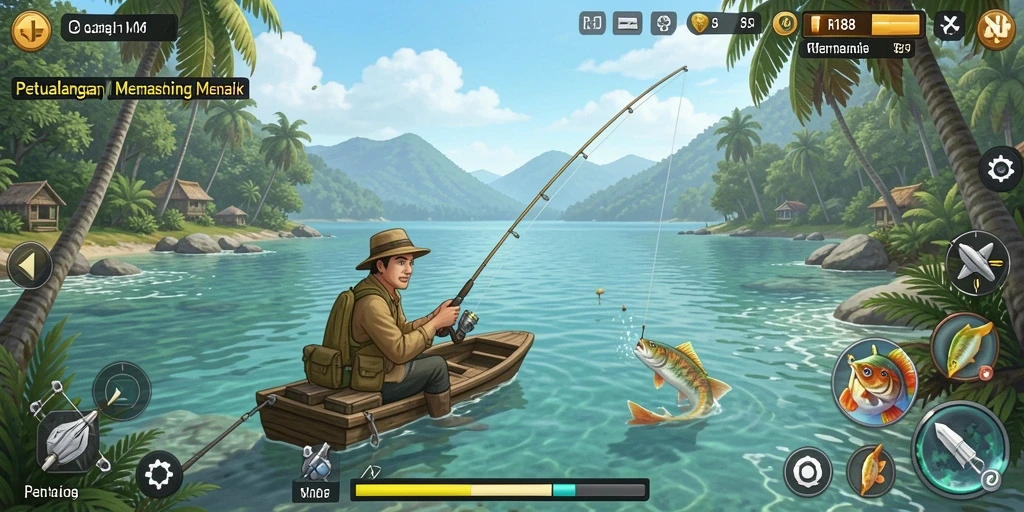 Screenshot gameplay RI188 menampilkan pemandangan memancing yang memukau.