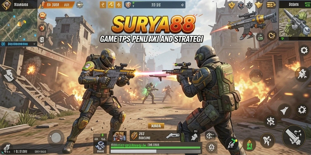 Tampilan medan perang intens dalam game SURYA88 dengan aksi tembak-menembak.