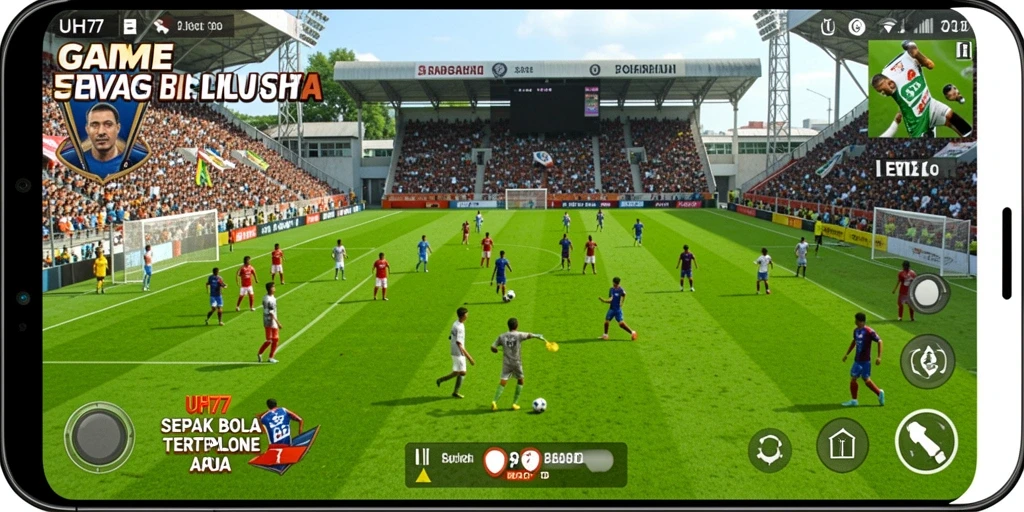 Screeenshot UH77 menampilkan gameplay sepak bola yang dinamis.