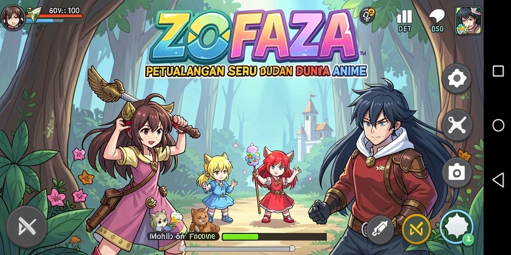Tampilan gameplay ZOFAZA dengan karakter anime ikonik.
